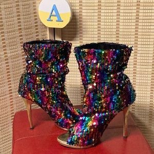 LILIANA SIZE 10, MULTI COLOR, SEQUIN PEEP TOE, HEELED, ABOVE ANKLE BOOT.